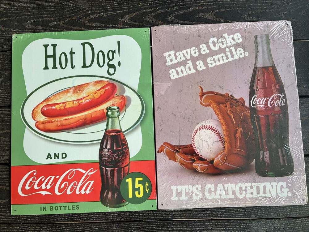 Coca-Cola Vintage Style Tin Signs 2 Hot Dog 15c & Coke and a Smile 12.5" x 16"